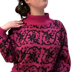 Vintage 80's Retro Small Pink Black Granny Mockneck Sweater J.Jordan